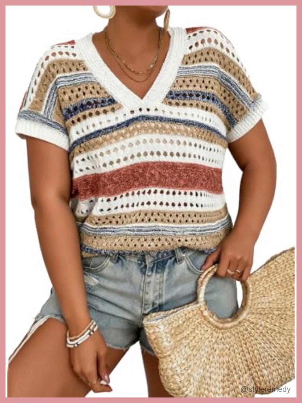Plus Size Crochet Knit Sweater V-Neck Short Sleeve Striped Top